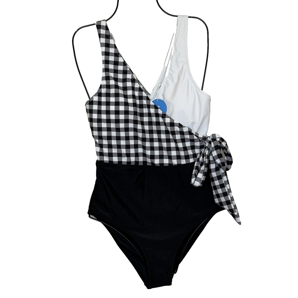 Cupshe One Piece Swimsuit Womens Size Medium Black White Check Tie Side NEW